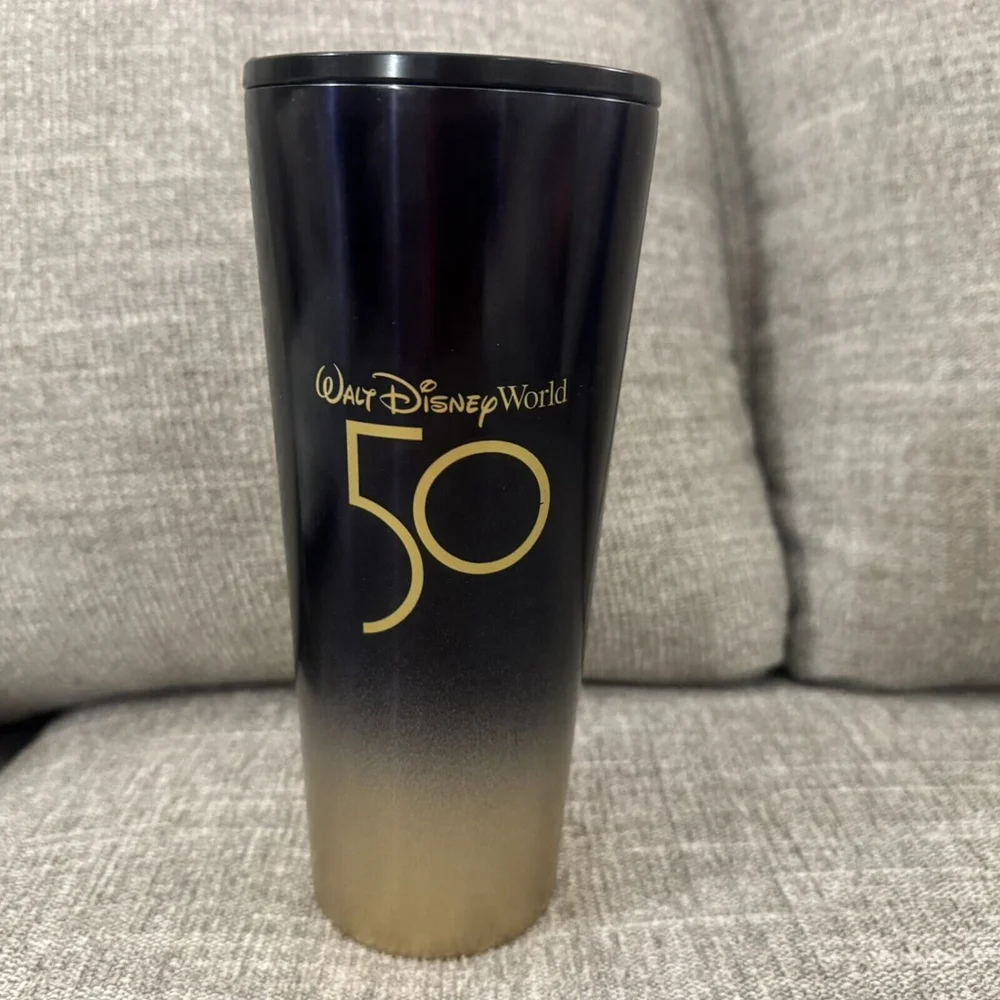 Disney World Starbucks 50th Anniversary Black Gold Metal Cold Tumbler No straw